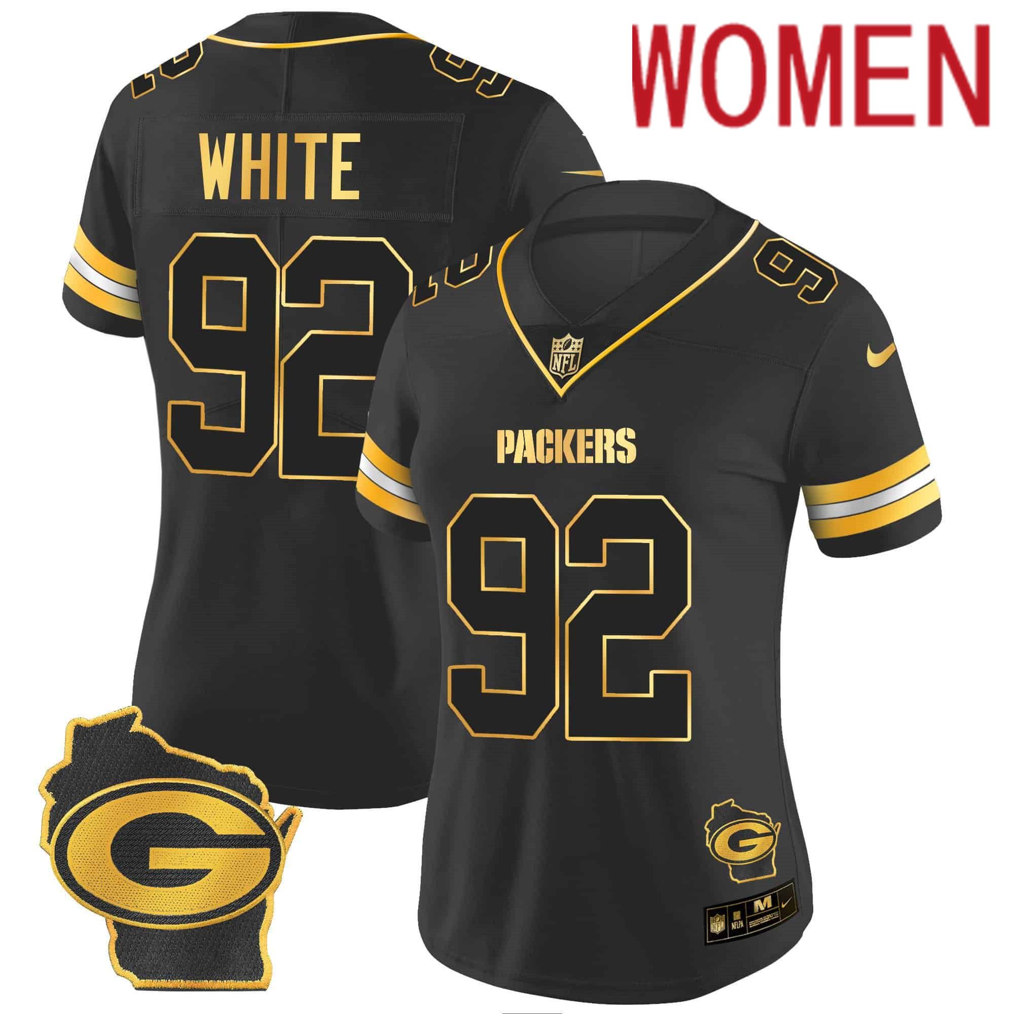 Women Green Bay Packers #92 White Black Gold 2024 Nike Home Patch Vapor NFL Jersey style 2